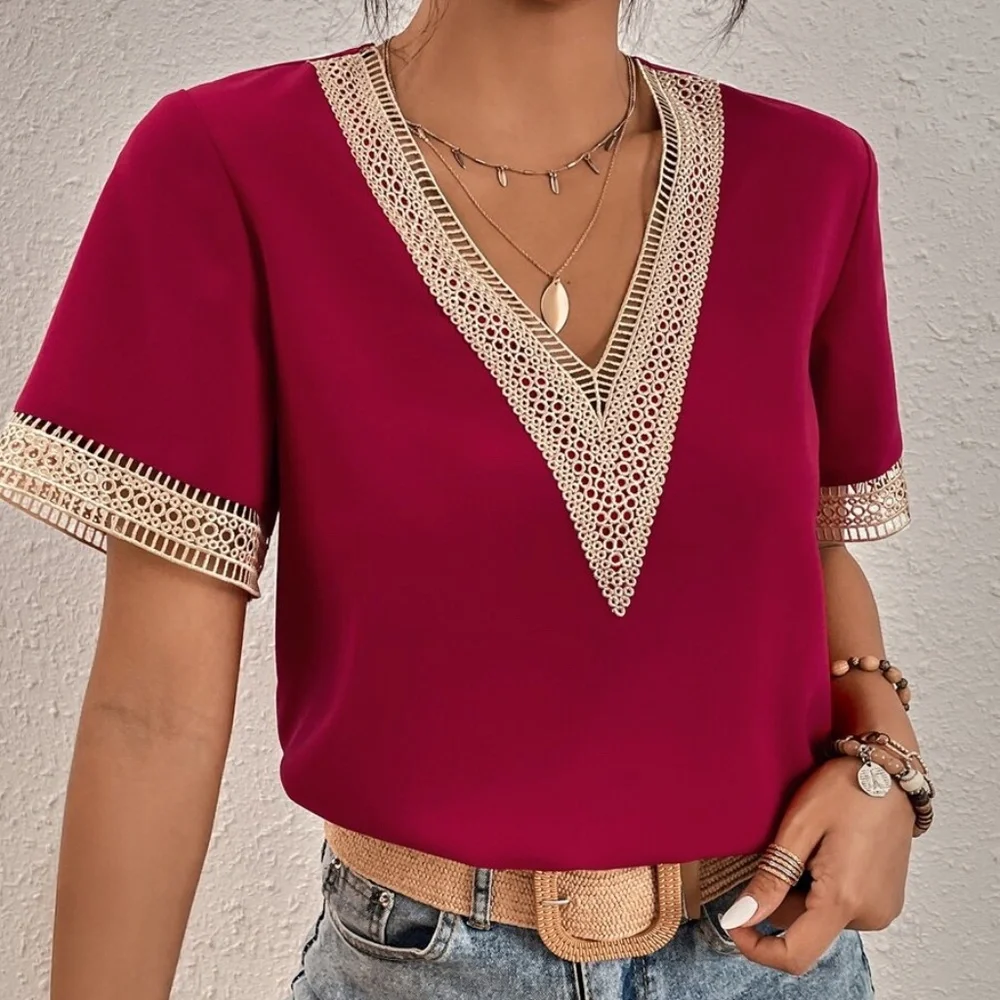 Bohemian Royal Blue V neck Lace Solid Minimalist Blouse - Picture 8 of 13